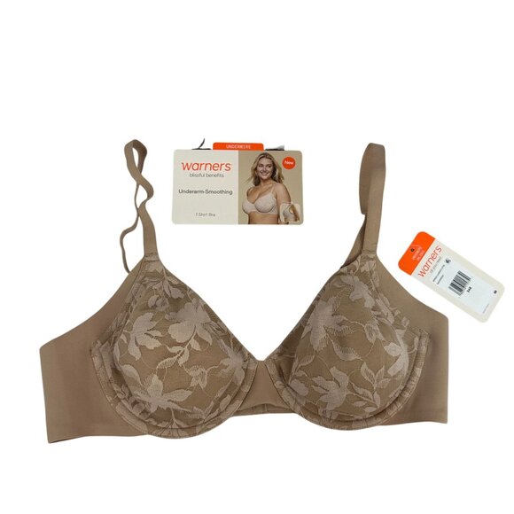 Warners Blissful Benefits Womens Underarm Smoothing T Shirt Bra Unlined Lace 34B - Picture 1 of 7